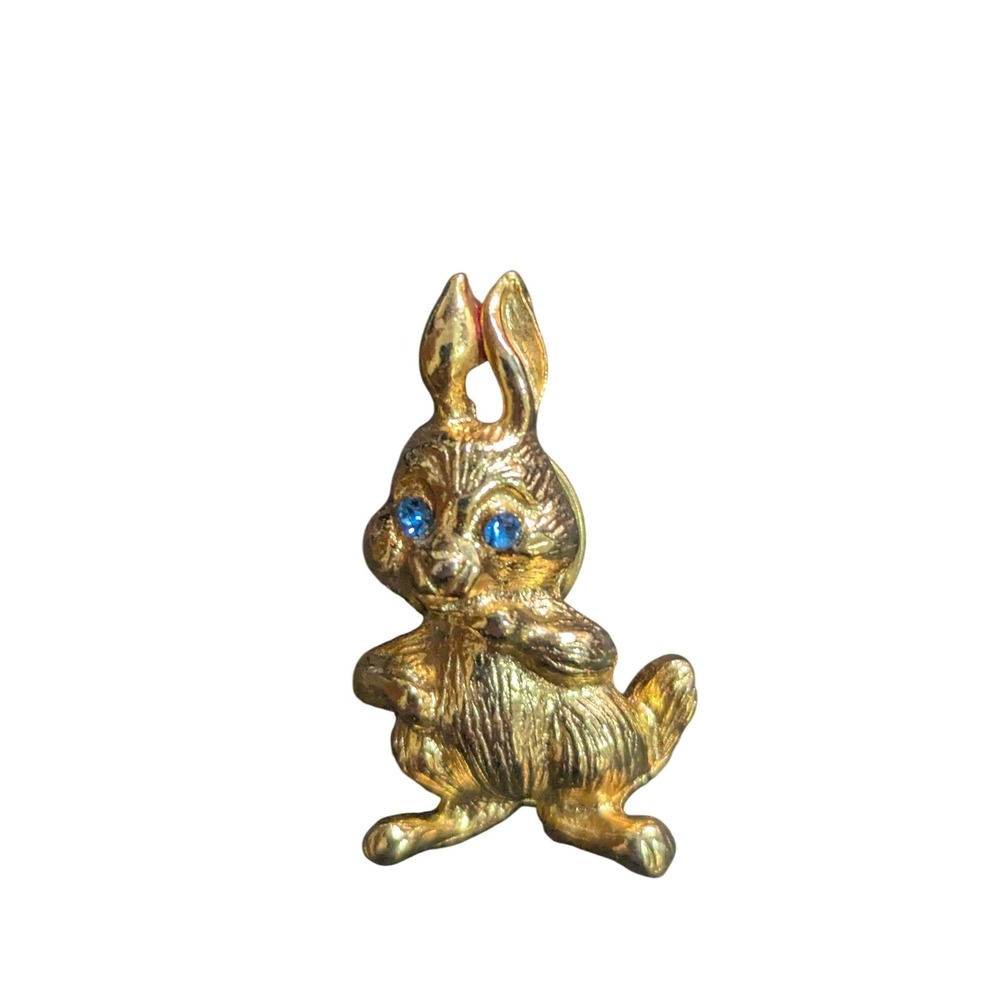 Vintage Gold Tone Bunny Rabbit Pin Blue Rhinestone Eyes Easter‎ Animal Brooch
